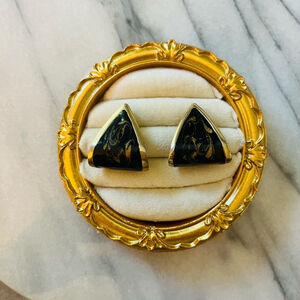 Vintage 1980s Enamel Earrings Black with Gold Toned‎ Abstract Hoop Dangle Style